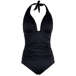Black Ruched One Piece Swimsuit Neck Halter